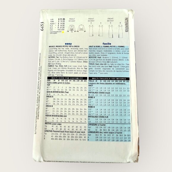 Vintage 1990s Butterick Sewing Pattern 6453 Misses Top Dress Size 12-16 - Picture 2 of 2